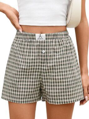 〽️Women's Boxer Shorts Multi Green Apricot Plaid Lounge Sleep Comfort High Rise